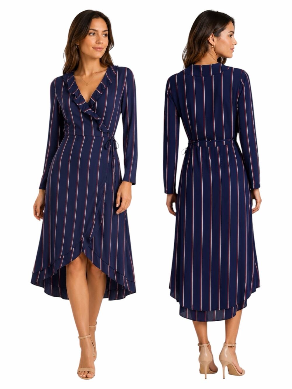 Rails Priya Striped Ruffle Wrap Dress Knee Length Navy Red Size XS